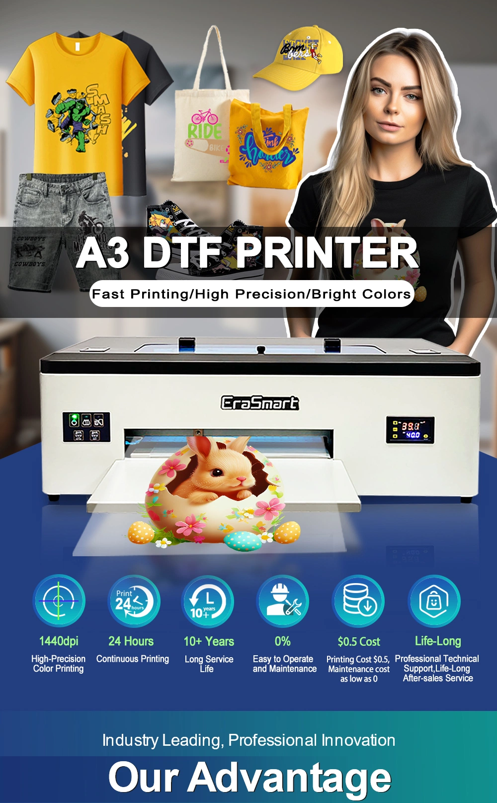 Erasmart 10% off Small Desktop Digital Printer Heat Transfer A3 Dtf Printer for T-Shirt Hoodies Printing